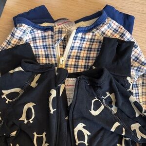 Two Baby Zip Footies - black Penguin & blue Plaid Set Hanna Anderson